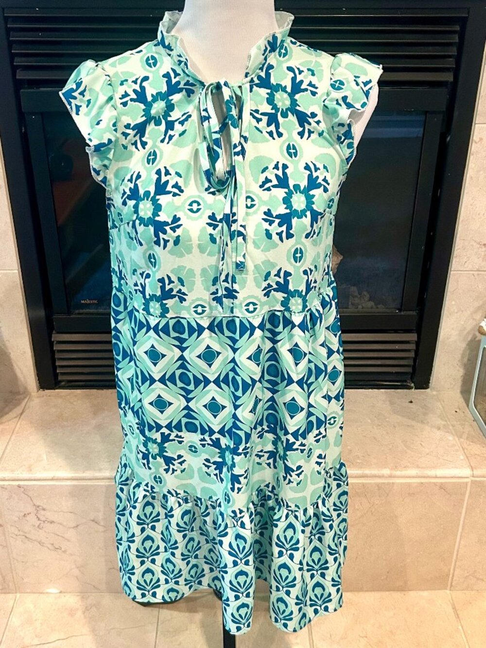Breezaya Geo Print Butterfly Sleeve Tie Neck Ruffle Hem Smock Dress